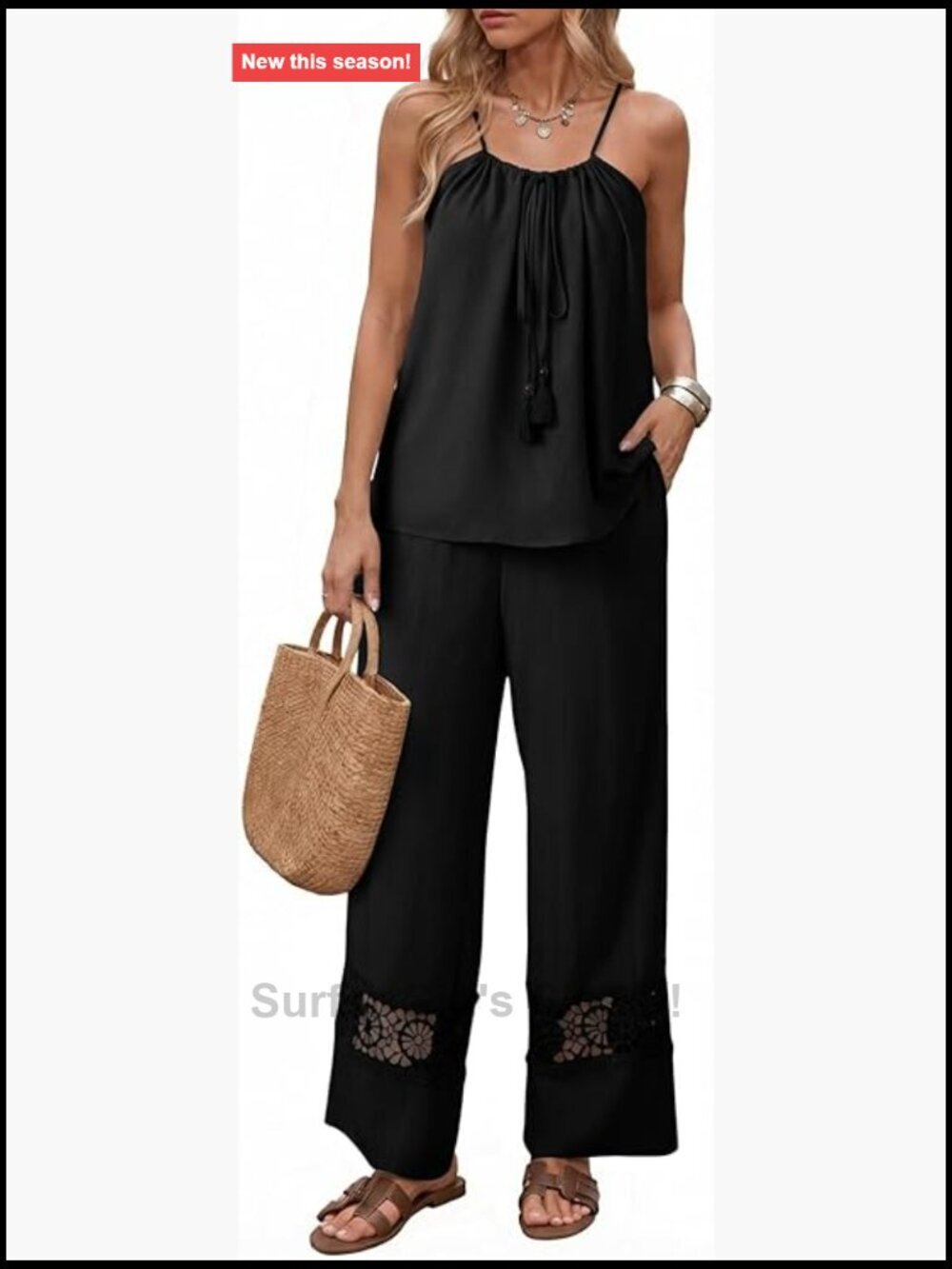 2 Piece Sets Summer Spaghetti Strap Tie Knot Top Lace Wide Leg Pants Set